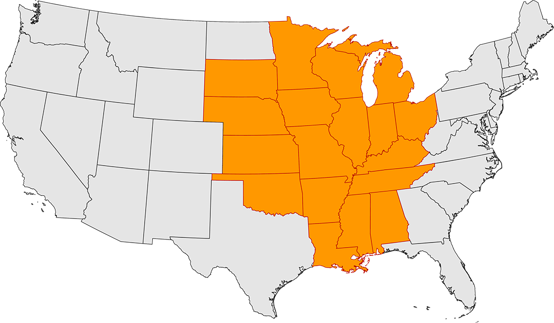Map of the United States with foodservice center redistribution states shaded in yellow