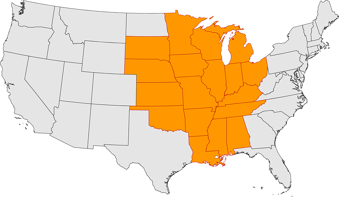 Map of the United States with foodservice center redistribution states shaded in yellow